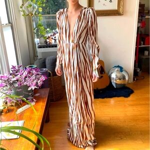 Spiced Zebra Long Satin Dress with Plunging Neckline and Statement Shoulders